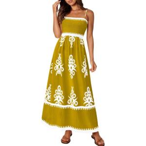 imagePRETTYGARDEN Summer Dress for Women 2026 Floral Sundress Spaghetti Strap Flowy Beach Vacation Boho Maxi DressesTurmeric White Floral