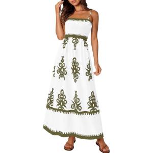 imagePRETTYGARDEN Summer Dress for Women 2026 Floral Sundress Spaghetti Strap Flowy Beach Vacation Boho Maxi DressesWhite Army Green Floral