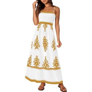 imagePRETTYGARDEN Summer Dress for Women 2026 Floral Sundress Spaghetti Strap Flowy Beach Vacation Boho Maxi DressesWhite Khaki Floral