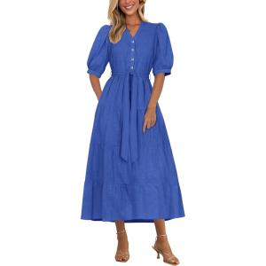 imagePRETTYGARDEN Summer Dresses for Women 2026 Elegant Classy Short Sleeve V Neck Ruffle A Line Belted Long Beach Vacation DressBlue