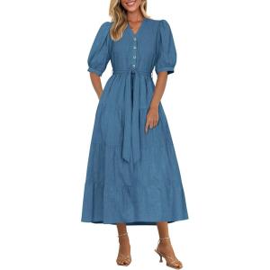 imagePRETTYGARDEN Summer Dresses for Women 2026 Elegant Classy Short Sleeve V Neck Ruffle A Line Belted Long Beach Vacation DressGrey Blue