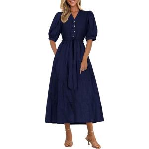 imagePRETTYGARDEN Summer Dresses for Women 2026 Elegant Classy Short Sleeve V Neck Ruffle A Line Belted Long Beach Vacation DressNavy
