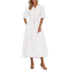 imagePRETTYGARDEN Summer Dresses for Women 2026 Elegant Classy Short Sleeve V Neck Ruffle A Line Belted Long Beach Vacation DressWhite