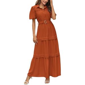 imagePRETTYGARDEN Summer Maxi Dresses for Women Puff Short Sleeve Lapel V Neck Belt Tiered A Line Ruffle Flowy Elegant Party Dress Brick RedLarge