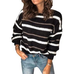 imagePRETTYGARDEN Sweaters for Women 2026 Long Sleeve Striped Knitted V Neck Pullover Jumper Tops Fall Outfits Fashion ClothingNarrow Striped Black