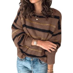 imagePRETTYGARDEN Sweaters for Women 2026 Long Sleeve Striped Knitted V Neck Pullover Jumper Tops Fall Outfits Fashion ClothingNarrow Striped Brown
