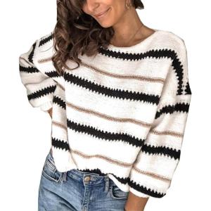 imagePRETTYGARDEN Sweaters for Women 2026 Long Sleeve Striped Knitted V Neck Pullover Jumper Tops Fall Outfits Fashion ClothingNarrow Striped White