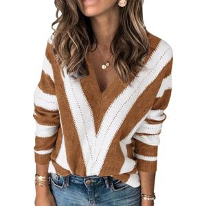 imagePRETTYGARDEN Sweaters for Women 2026 Long Sleeve Striped Knitted V Neck Pullover Jumper Tops Fall Outfits Fashion ClothingStriped Coffee