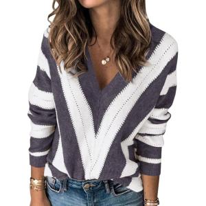 imagePRETTYGARDEN Sweaters for Women 2026 Long Sleeve Striped Knitted V Neck Pullover Jumper Tops Fall Outfits Fashion ClothingStriped Dark Grey