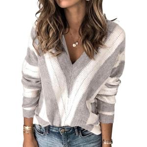 imagePRETTYGARDEN Sweaters for Women 2026 Long Sleeve Striped Knitted V Neck Pullover Jumper Tops Fall Outfits Fashion ClothingStriped Grey
