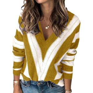 imagePRETTYGARDEN Sweaters for Women 2026 Long Sleeve Striped Knitted V Neck Pullover Jumper Tops Fall Outfits Fashion ClothingStriped Mustard Yellow