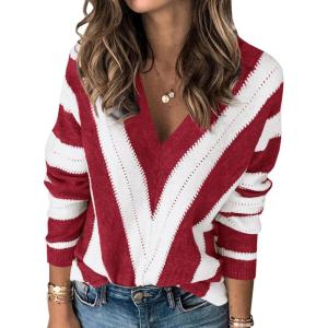 imagePRETTYGARDEN Sweaters for Women 2026 Long Sleeve Striped Knitted V Neck Pullover Jumper Tops Fall Outfits Fashion ClothingStriped Red