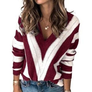 imagePRETTYGARDEN Sweaters for Women 2026 Long Sleeve Striped Knitted V Neck Pullover Jumper Tops Fall Outfits Fashion ClothingStriped Wine Red