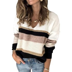 imagePRETTYGARDEN Sweaters for Women 2026 Long Sleeve Striped Knitted V Neck Pullover Jumper Tops Fall Outfits Fashion ClothingWide Striped Pink