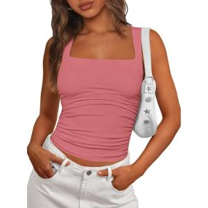 imagePRETTYGARDEN Tank Tops for Women 2026 Summer Sleeveless Square Neck Double Lined Tops Spring Ruched Going Out Y2K Clothes Dusty PinkLarge