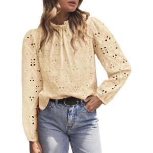 imagePRETTYGARDEN Tops for Women 2026 Spring Long Sleeve Blouses Dressy Casual Embroidered Eyelet Shirts Fall Going Out OutfitsBeige Yellow