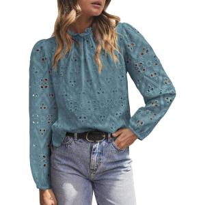 imagePRETTYGARDEN Tops for Women 2026 Spring Long Sleeve Blouses Dressy Casual Embroidered Eyelet Shirts Fall Going Out OutfitsBlue Grey