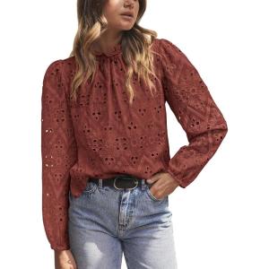 imagePRETTYGARDEN Tops for Women 2026 Spring Long Sleeve Blouses Dressy Casual Embroidered Eyelet Shirts Fall Going Out OutfitsBrown Red