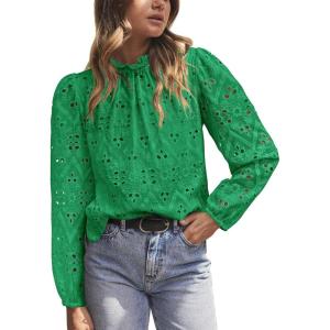 imagePRETTYGARDEN Tops for Women 2026 Spring Long Sleeve Blouses Dressy Casual Embroidered Eyelet Shirts Fall Going Out OutfitsGreen
