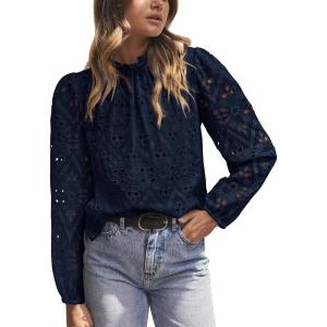imagePRETTYGARDEN Tops for Women 2026 Spring Long Sleeve Blouses Dressy Casual Embroidered Eyelet Shirts Fall Going Out OutfitsNavy