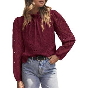 imagePRETTYGARDEN Tops for Women 2026 Spring Long Sleeve Blouses Dressy Casual Embroidered Eyelet Shirts Fall Going Out OutfitsWine Red