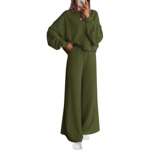 imagePRETTYGARDEN Women 2 Piece Outfits 2026 Spring Sweatsuits Crewneck Sweatshirt Wide Leg Sweatpants Lounge Sets TracksuitArmy Green