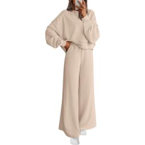 imagePRETTYGARDEN Women 2 Piece Outfits 2026 Spring Sweatsuits Crewneck Sweatshirt Wide Leg Sweatpants Lounge Sets TracksuitBeige