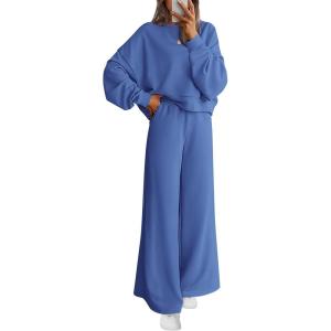 imagePRETTYGARDEN Women 2 Piece Outfits 2026 Spring Sweatsuits Crewneck Sweatshirt Wide Leg Sweatpants Lounge Sets TracksuitBlue