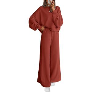 imagePRETTYGARDEN Women 2 Piece Outfits 2026 Spring Sweatsuits Crewneck Sweatshirt Wide Leg Sweatpants Lounge Sets TracksuitBrick Red