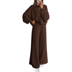 imagePRETTYGARDEN Women 2 Piece Outfits 2026 Spring Sweatsuits Crewneck Sweatshirt Wide Leg Sweatpants Lounge Sets TracksuitDark Brown