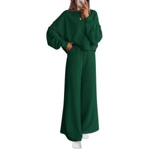 imagePRETTYGARDEN Women 2 Piece Outfits 2026 Spring Sweatsuits Crewneck Sweatshirt Wide Leg Sweatpants Lounge Sets TracksuitDark Green