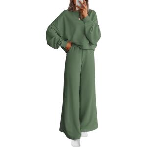 imagePRETTYGARDEN Women 2 Piece Outfits 2026 Spring Sweatsuits Crewneck Sweatshirt Wide Leg Sweatpants Lounge Sets TracksuitGreen