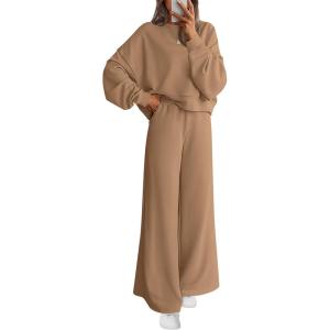 imagePRETTYGARDEN Women 2 Piece Outfits 2026 Spring Sweatsuits Crewneck Sweatshirt Wide Leg Sweatpants Lounge Sets TracksuitKhaki