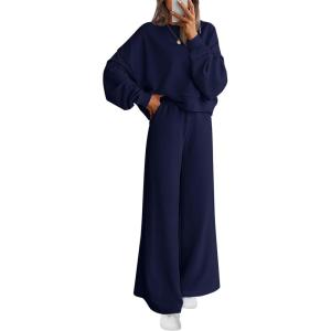 imagePRETTYGARDEN Women 2 Piece Outfits 2026 Spring Sweatsuits Crewneck Sweatshirt Wide Leg Sweatpants Lounge Sets TracksuitNavy Blue