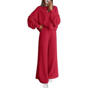 imagePRETTYGARDEN Women 2 Piece Outfits 2026 Spring Sweatsuits Crewneck Sweatshirt Wide Leg Sweatpants Lounge Sets TracksuitRed