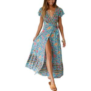 imagePRETTYGARDEN Women Boho Summer Side Split Deep V Neck Short Sleeves Maxi Dress with Belt