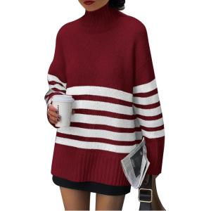 imagePRETTYGARDEN Women Oversized Striped Turtleneck Sweater 2025 Fall Fashion Long Sleeve Pullover Winter Chunky Knit Jumper TopsWine Red