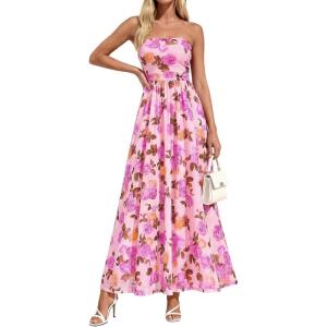 imagePRETTYGARDEN Women Strapless Maxi Dress 2026 Summer Floral Tube Top Ruched Beach Spring Wedding Guest Long DressesFloral Apricot Pink