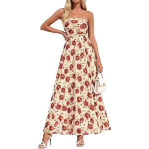 imagePRETTYGARDEN Women Strapless Maxi Dress 2026 Summer Floral Tube Top Ruched Beach Spring Wedding Guest Long DressesFloral Apricot Red