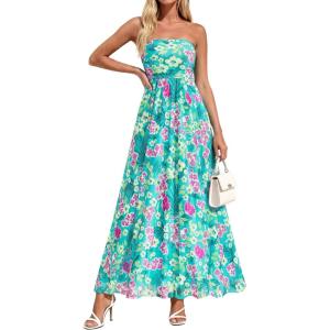 imagePRETTYGARDEN Women Strapless Maxi Dress 2026 Summer Floral Tube Top Ruched Beach Spring Wedding Guest Long DressesFloral Blue Green