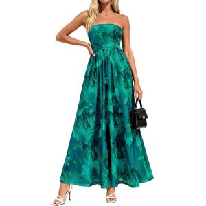 imagePRETTYGARDEN Women Strapless Maxi Dress 2026 Summer Floral Tube Top Ruched Beach Spring Wedding Guest Long DressesFloral Green