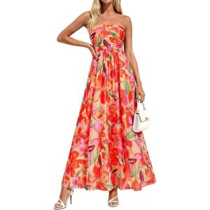 imagePRETTYGARDEN Women Strapless Maxi Dress 2026 Summer Floral Tube Top Ruched Beach Spring Wedding Guest Long DressesFloral Orange