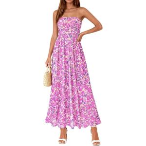 imagePRETTYGARDEN Women Strapless Maxi Dress 2026 Summer Floral Tube Top Ruched Beach Spring Wedding Guest Long DressesFloral Purple