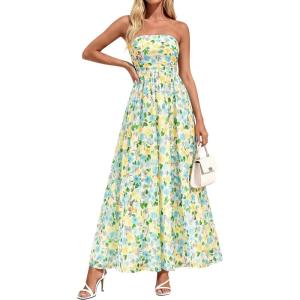 imagePRETTYGARDEN Women Strapless Maxi Dress 2026 Summer Floral Tube Top Ruched Beach Spring Wedding Guest Long DressesFloral White Light Green