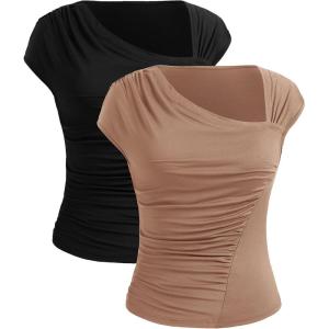 imagePRETTYGARDEN Womens 2 Pack T Shirts Casual Summer Cap Sleeve Asymmetrical Ruched Fitted Y2K Tops Basic Tees Black KhakiLarge