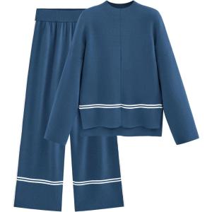 imagePRETTYGARDEN Womens 2 Piece Lounge Sets 2024 Winter Travel Outfits Long Sleeve Pullover Sweater Wide Leg Pants Tracksuits BlueMedium
