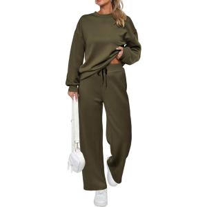 imagePRETTYGARDEN Womens 2 Piece Outfits 2026 Fall Long Sleeve Sweatshirt Wide Leg Pants Lounge Sets Winter Sweatsuits TracksuitArmy Green