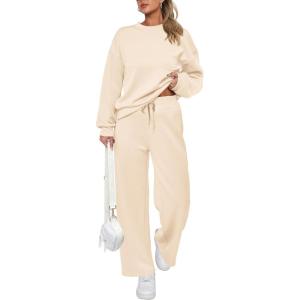 imagePRETTYGARDEN Womens 2 Piece Outfits 2026 Fall Long Sleeve Sweatshirt Wide Leg Pants Lounge Sets Winter Sweatsuits TracksuitBeige