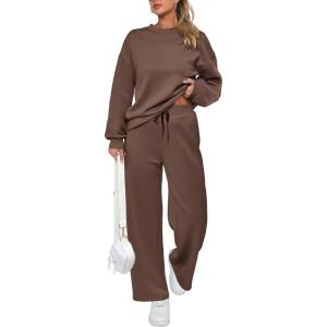 imagePRETTYGARDEN Womens 2 Piece Outfits 2026 Fall Long Sleeve Sweatshirt Wide Leg Pants Lounge Sets Winter Sweatsuits TracksuitBrown