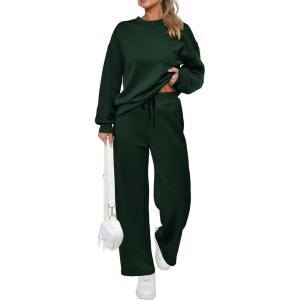imagePRETTYGARDEN Womens 2 Piece Outfits 2026 Fall Long Sleeve Sweatshirt Wide Leg Pants Lounge Sets Winter Sweatsuits TracksuitDark Green